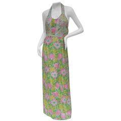 Retro Lilly Pulitzer Vibrant Floral Print Halter Gown c 1970s