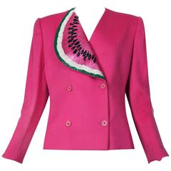 1983 Bill Blass Shocking Pink Double-Breasted Wool Jacket w/Beaded Watermelon 