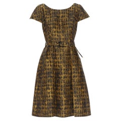PRADA 2013 gold black wool silk jacquard cap sleeve belted A-line dress IT44 M