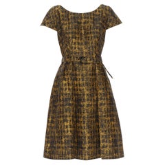 PRADA 2013 oro nero lana seta jacquard manica a cappuccio con cintura abito linea A IT44 M.