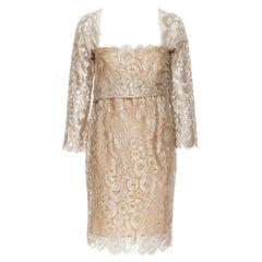 Romeo Gigli JOYCE abito da cocktail con scollo angolare in pizzo luccicante color oro FR42 L.