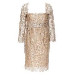 ROMEO GIGLI JOYCE gold shimmer lace angular neckline cocktail dress FR42 L