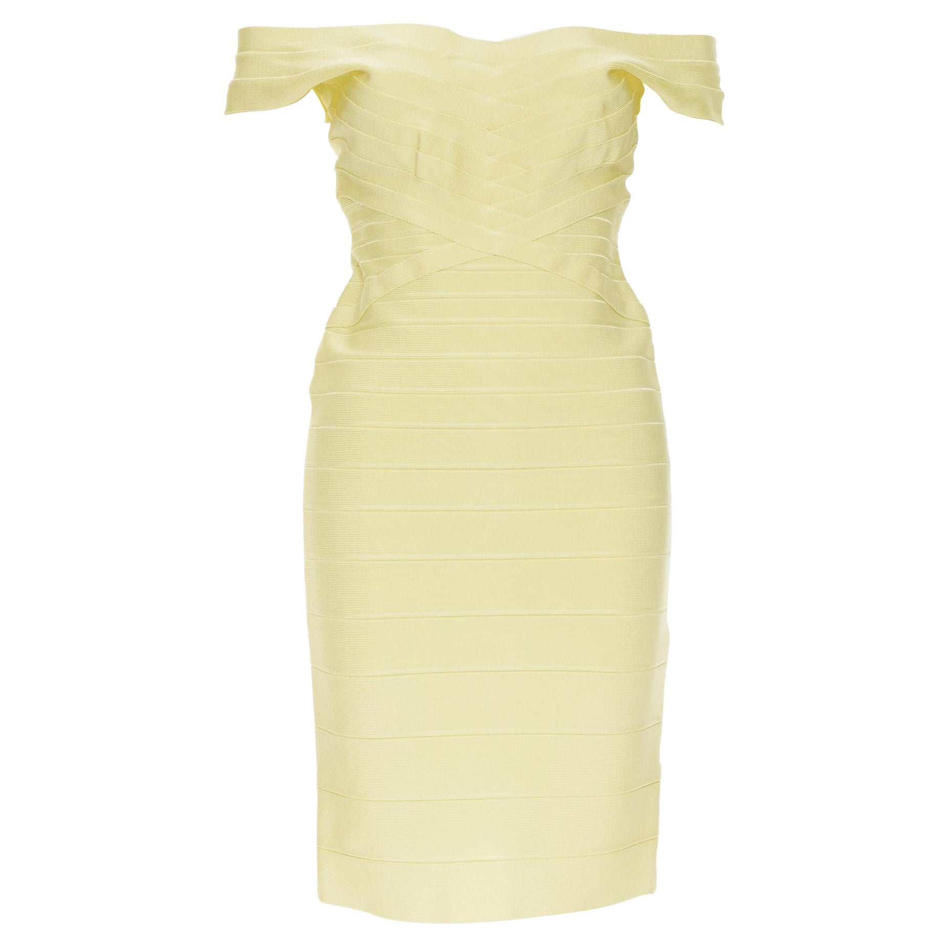 HERVE LEGER yellow off shoulder bodycon bandage fitted dress M