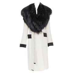 TOM FORD white wool crepe black fox fur collar quilted belted robe coat IT40 S