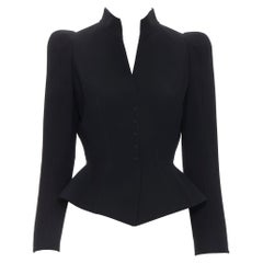 THIERRY MUGLER black wool peak shoulder fitted peplum blazer jacket FR38 S