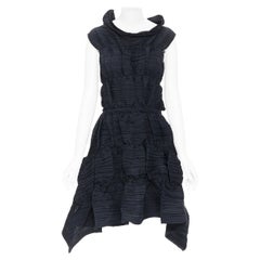 ISSEY MIYAKE black crinkle pleated elasticated stretch bubble petal dress M