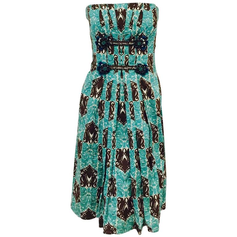 Carolina Herrera Strapless Turquoise and Chocolate Print Dress With ...