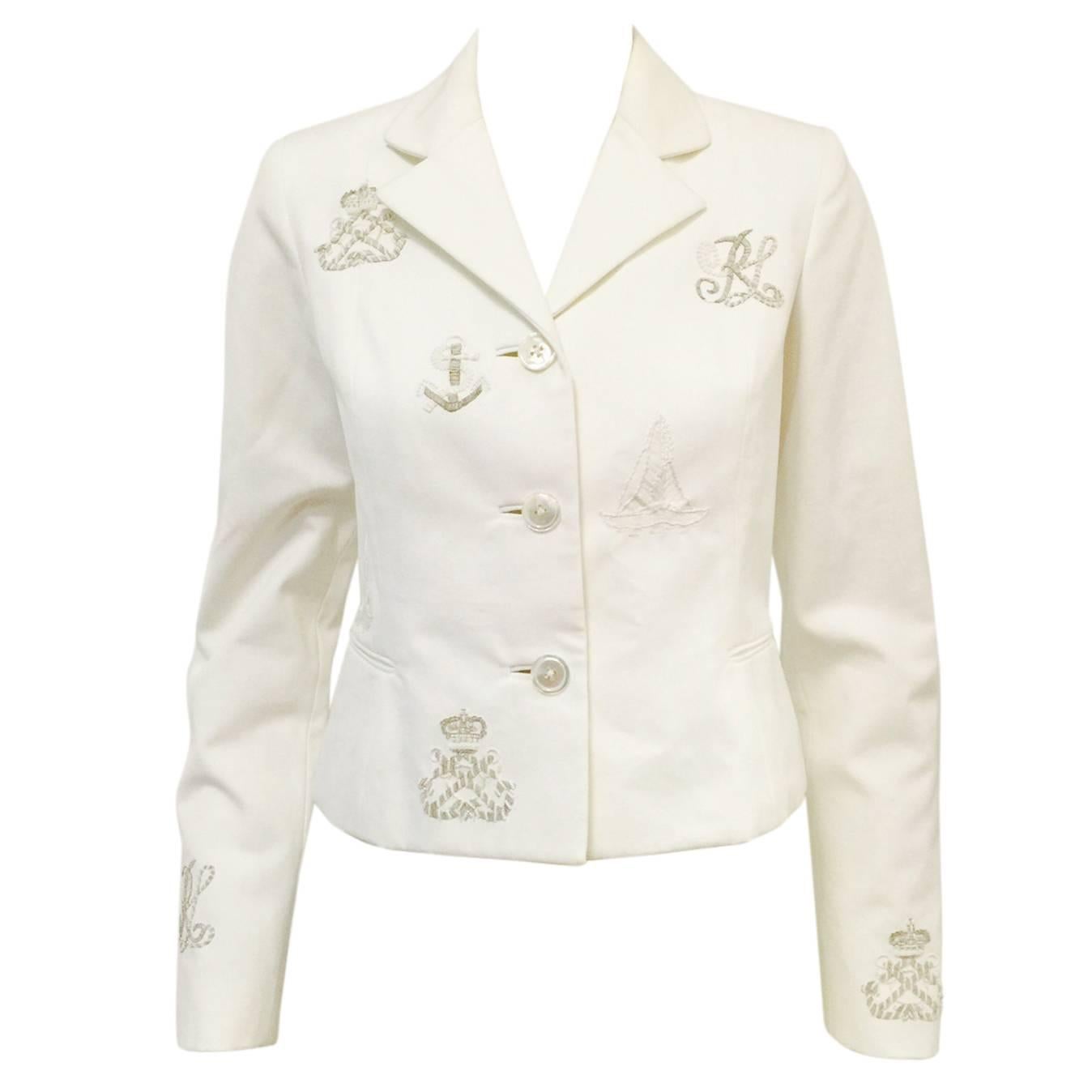 Ralph Lauren Fitted White Cotton Jacket With Nautical Themed Embroidery For Sale