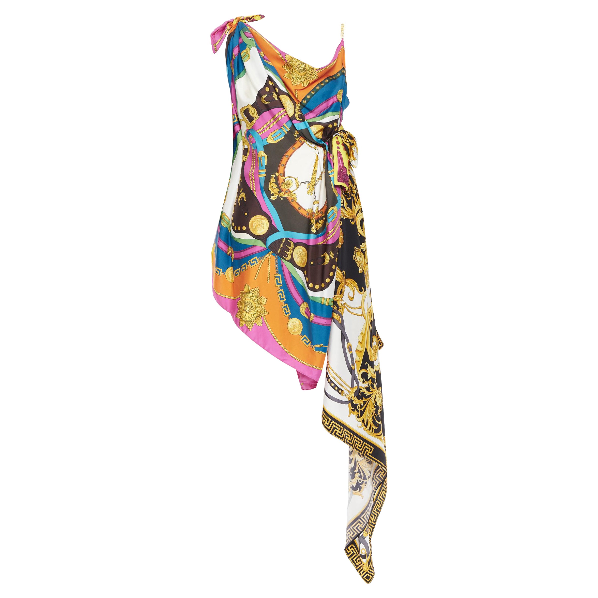 runway VERSACE 2020 mixed silk scarf deconstructed Greca chain dress IT38 S  For Sale at 1stDibs