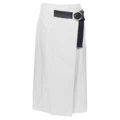 OLD CELINE PF18 Jupe portefeuille à ceinture en coton et cuir noir gris pâle défilé FR40, neuve