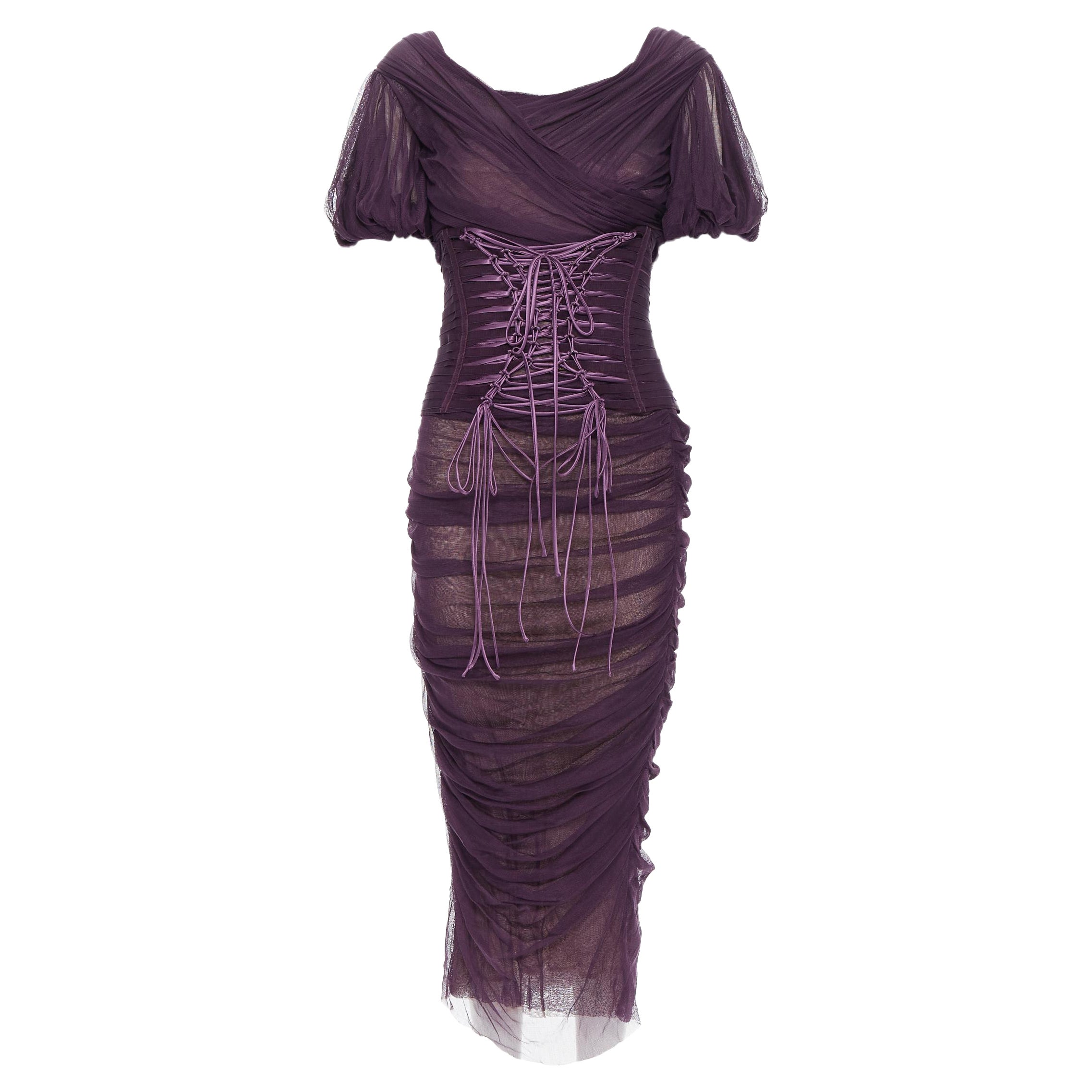 new DOLCE GABBANA Runway 2014 purple laced corset ruched silk dress IT48 XL