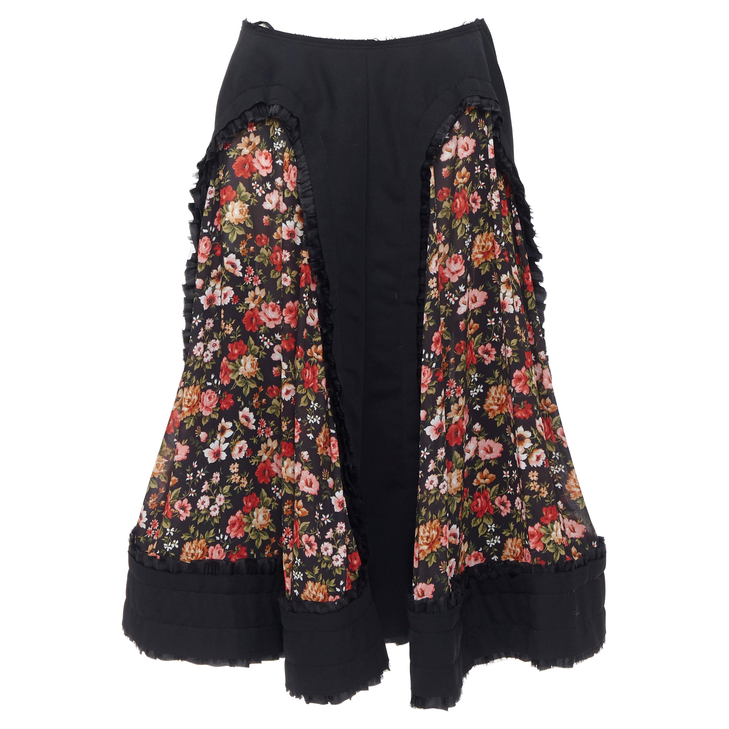 new COMME DES GARCONS AD2018 black vintage floral ruffle trimmed boho skirt L