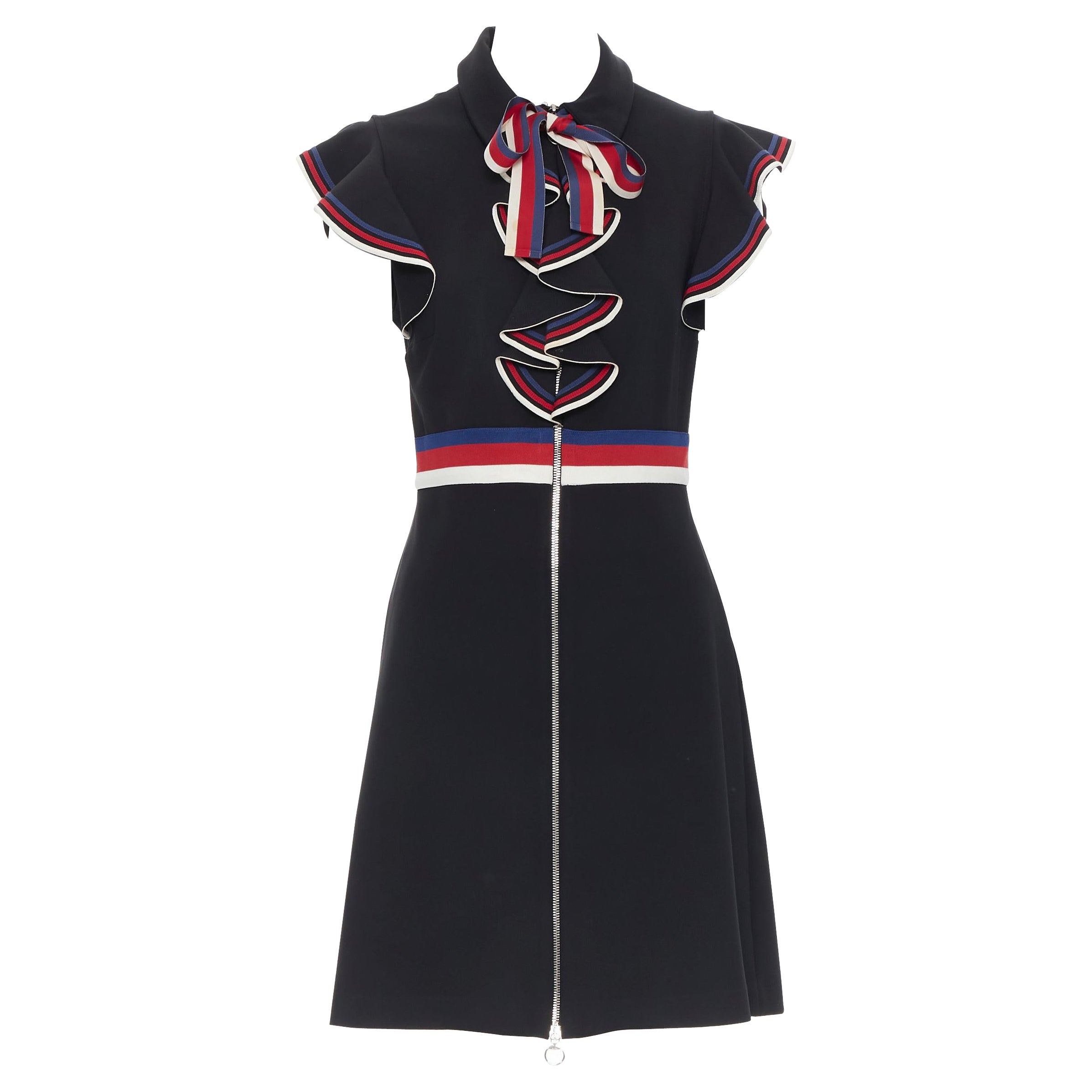GUCCI black blue red white web ribbon bow flutter sleeve cocktail dress XL