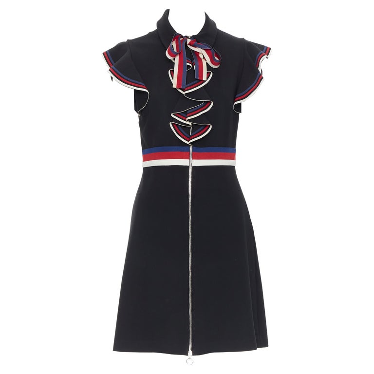 GUCCI black blue red white web ribbon bow flutter sleeve cocktail dress ...