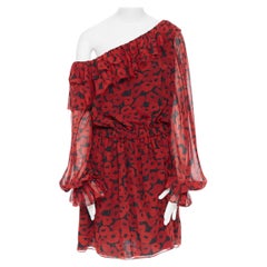 new SAINT LAURENT red poppy print silk georgette off shoulder ruffle dress FR38