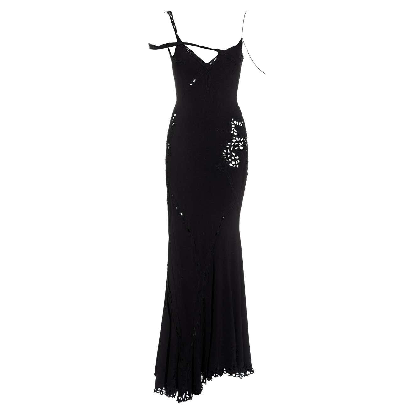 John Galliano black silk crepe cutwork evening dress with chain straps ...