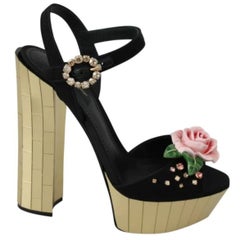 Dolce & Gabbana Black Pink Rose Linen Leather Ankle Strap Sandals Shoes Heels