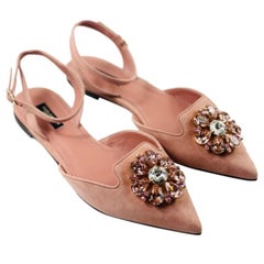 Dolce & Gabbana Pale Pink Leather Taormina Strap Sandals Flats Shoes Crystals 