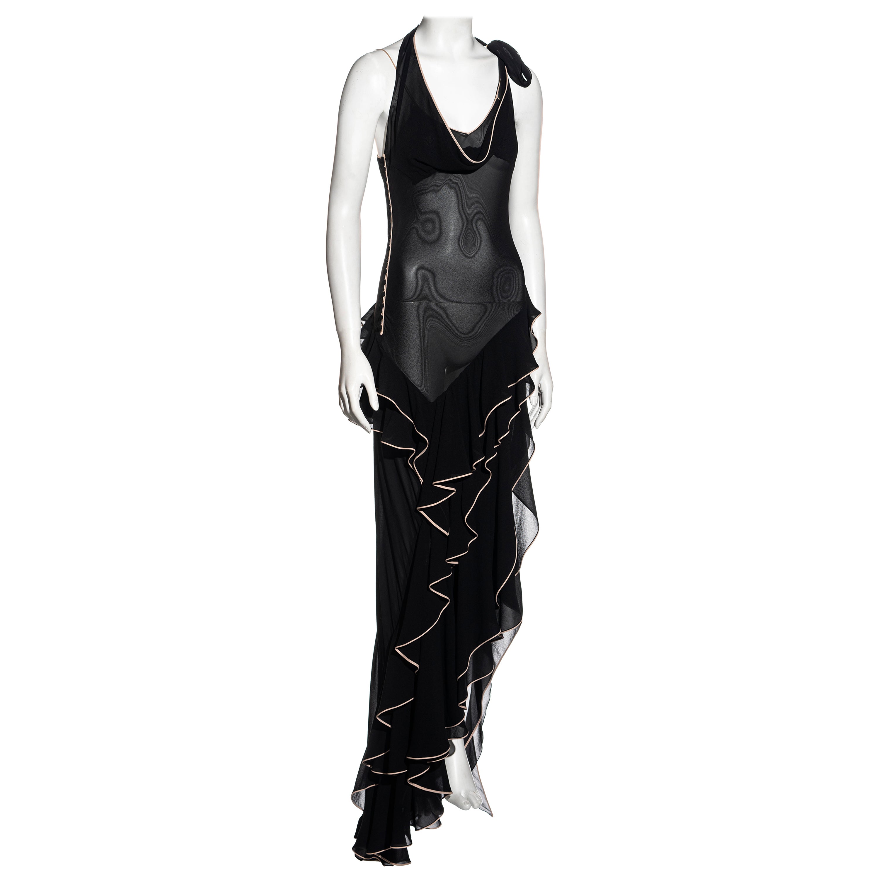 John Galliano black silk chiffon bias cut ruffled evening dress, ss 1995