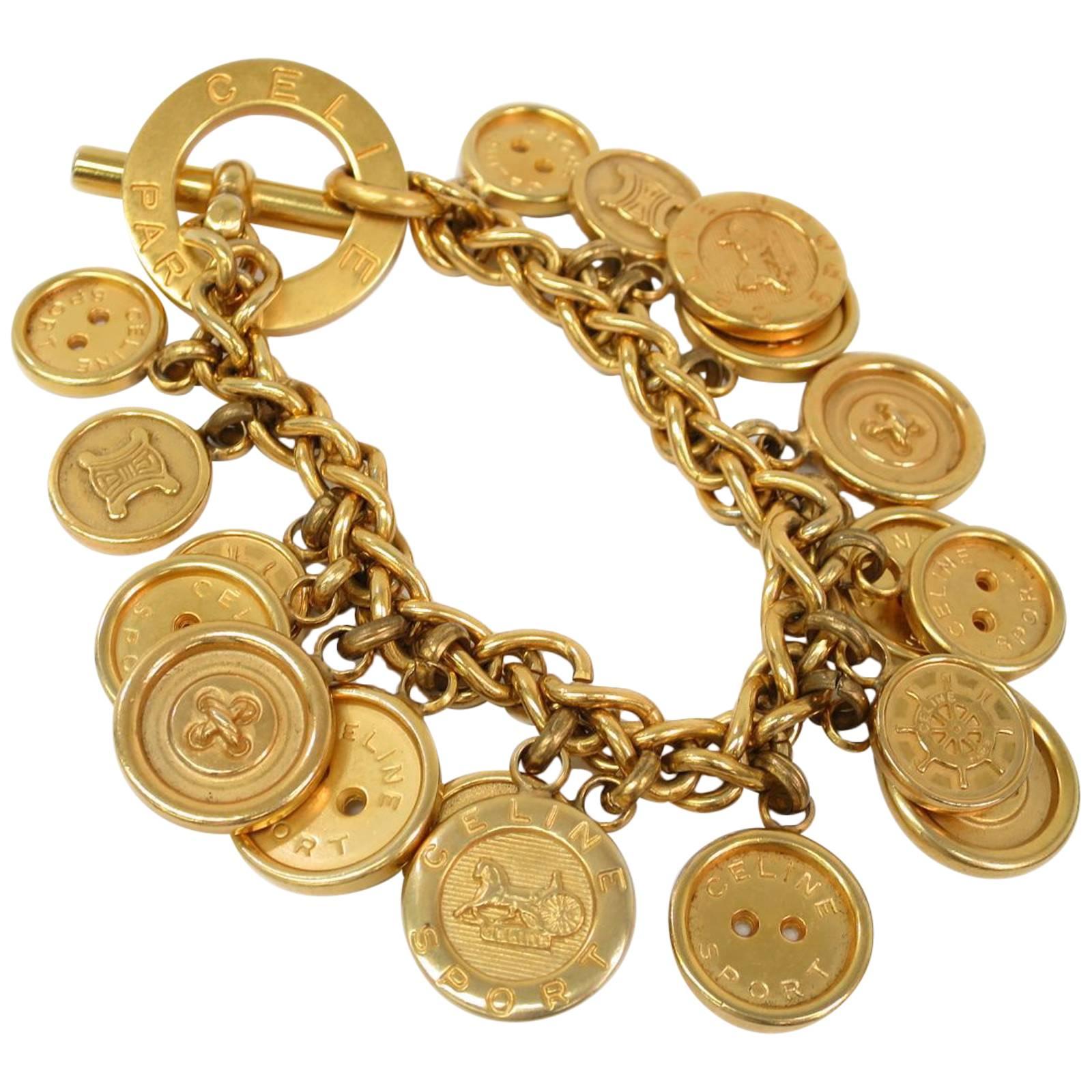 Celine Gold Coin Medallion Charm Chain Link Bangle Bracelet