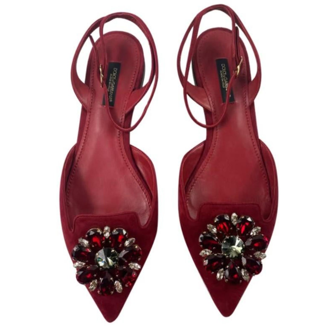 Dolce & Gabbana Red Taormina Crystals Suede Shoes Flats Strap Sandals Leather For Sale
