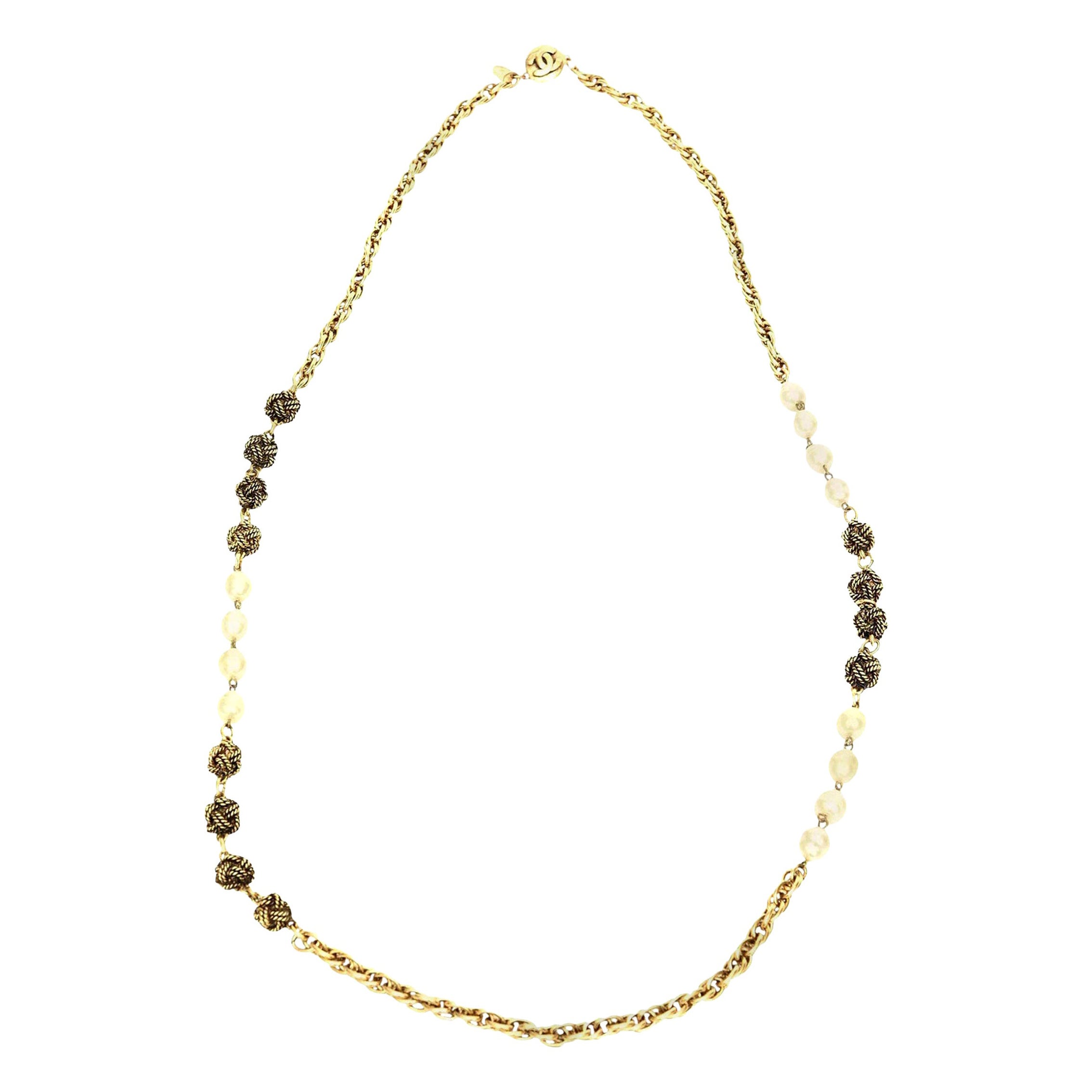Chanel Gold Knot and  Nacre Faux Pearl Necklace For Sale