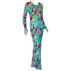 Versace Couture Turquoise Floral Print Dress Long 1995 Sz 44 Rare 2