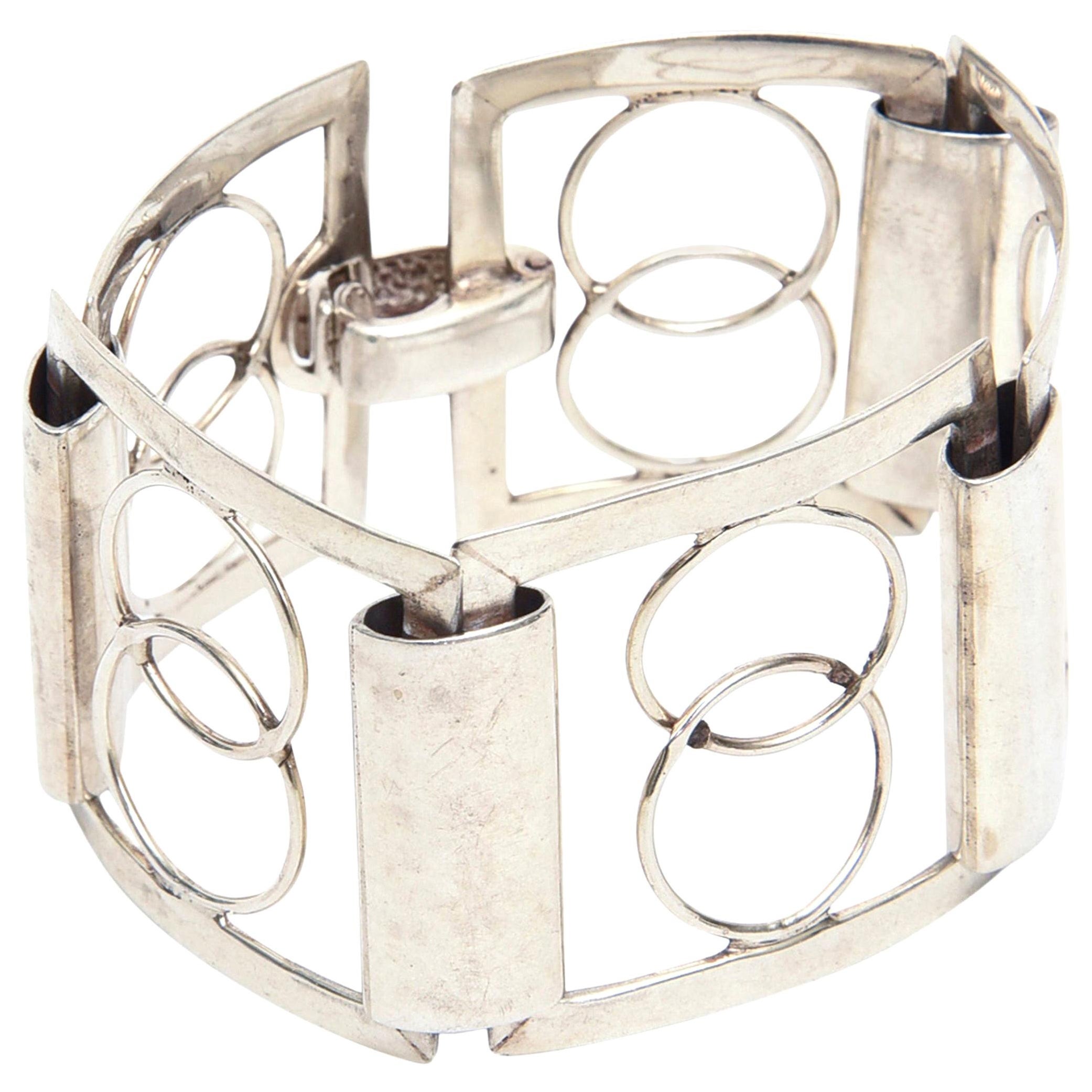 Sterling Silver Modernist Geometric Link Cuff Bracelet Italian