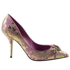 Dolce & Gabbana Gold Pink Brocade Crystals Floral Pumps Heels Shoes Leather