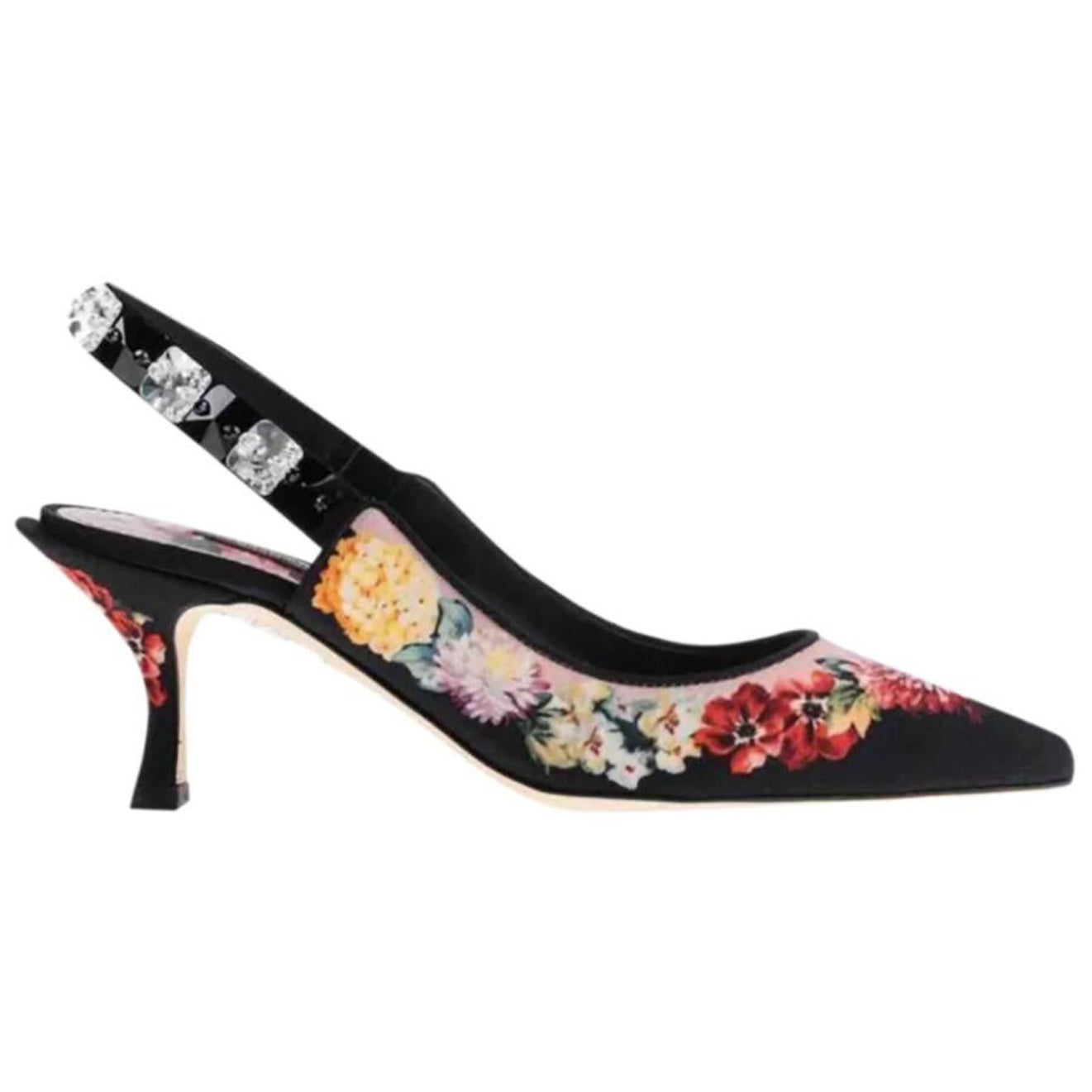 Dolce & Gabbana Black Multicolor Floral Viscose Sling Backs Heels Shoes Crystals