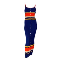 PACO RABANNE Size XS Multi-Color Striped Ribbed Cotton Blend Midi Dress
