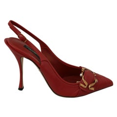 Dolce & Gabbana Red Devotion Leather Sling Back Heels Shoes Sandals Gold