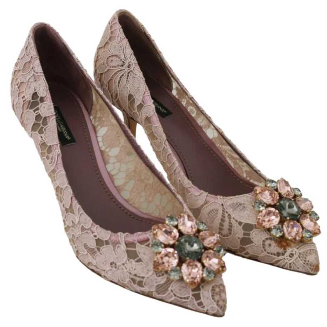 Dolce & Gabbana Pink Floral Lace Viscose Heels Pumps Shoes Crystals Leather Sole