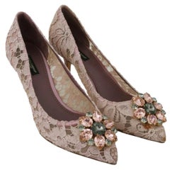 Dolce & Gabbana Pink Floral Lace Viscose Heels Pumps Shoes Crystals Leather Sole