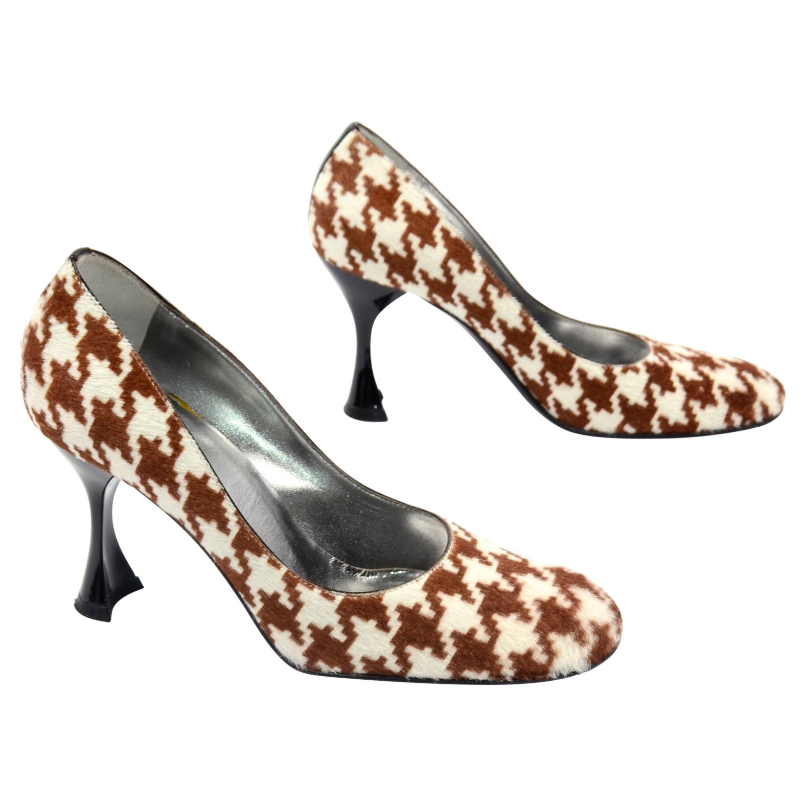 Dolce & Gabbana Brown and White Houndstooth Pumps w Round Toe & Flared Heels