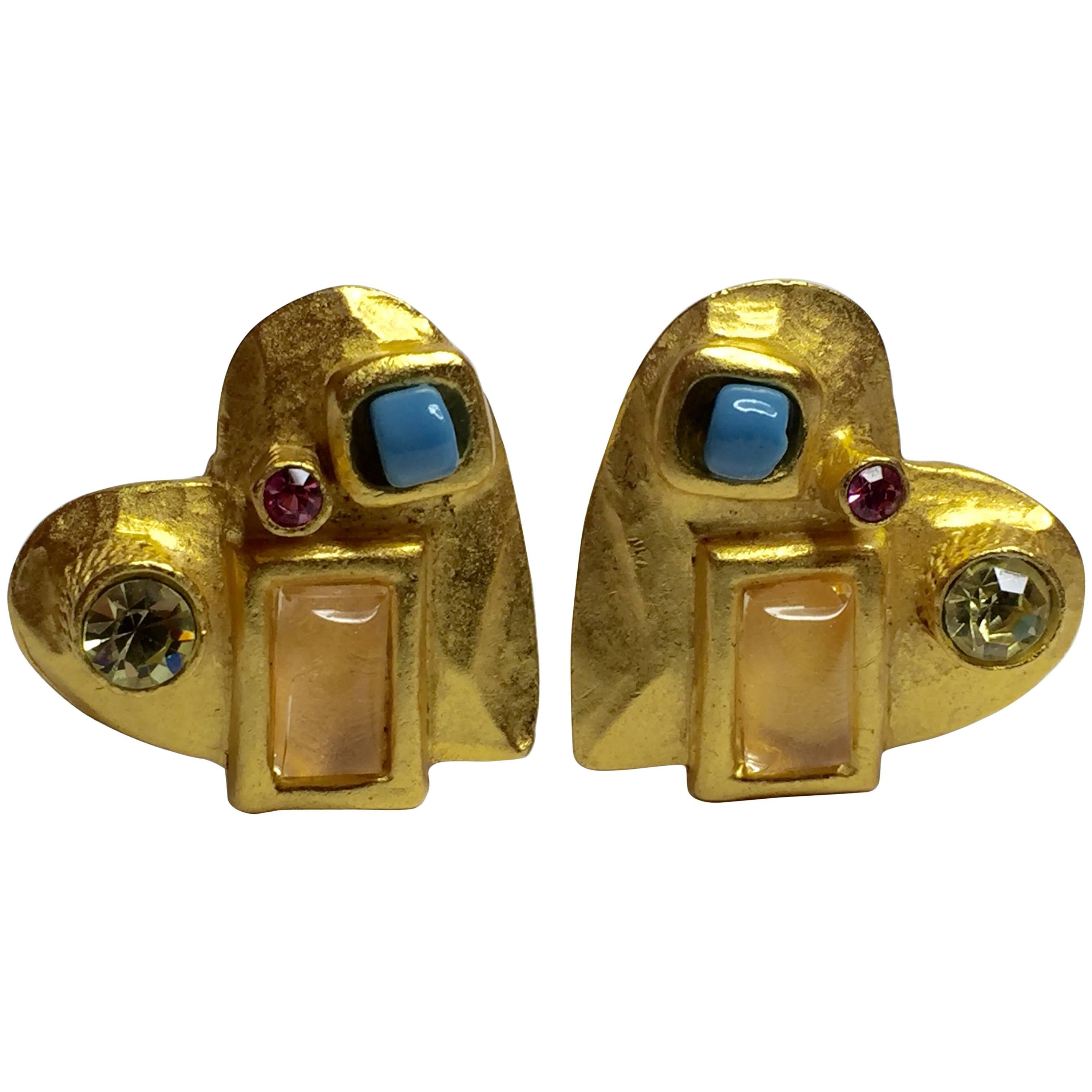 1990's CHRISTIAN LACROIX Gold tone and Gripoix Iconic Heart Earrings For Sale