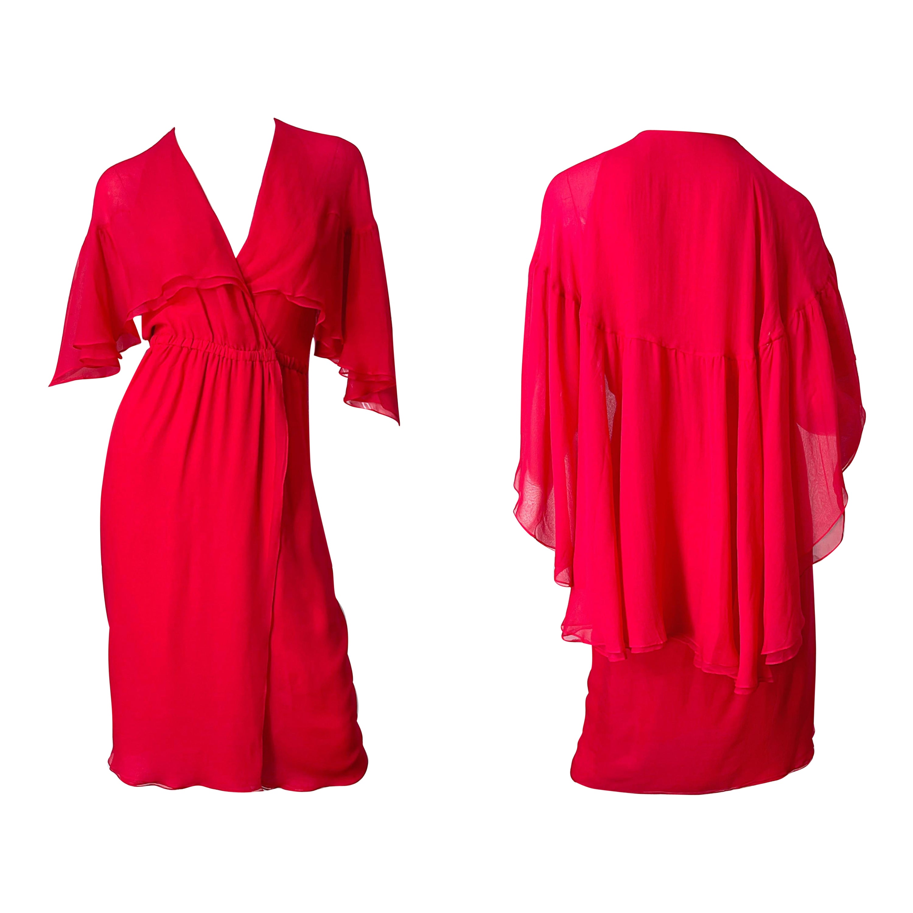 1970s Halston Lipstick Red Silk Chiffon Vintage 70s Wrap Cape Dress