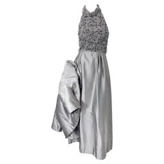 1960s Walter Holmes Grey Silver Beaded Pearl Rhinestone Vintage 60s Gown Set