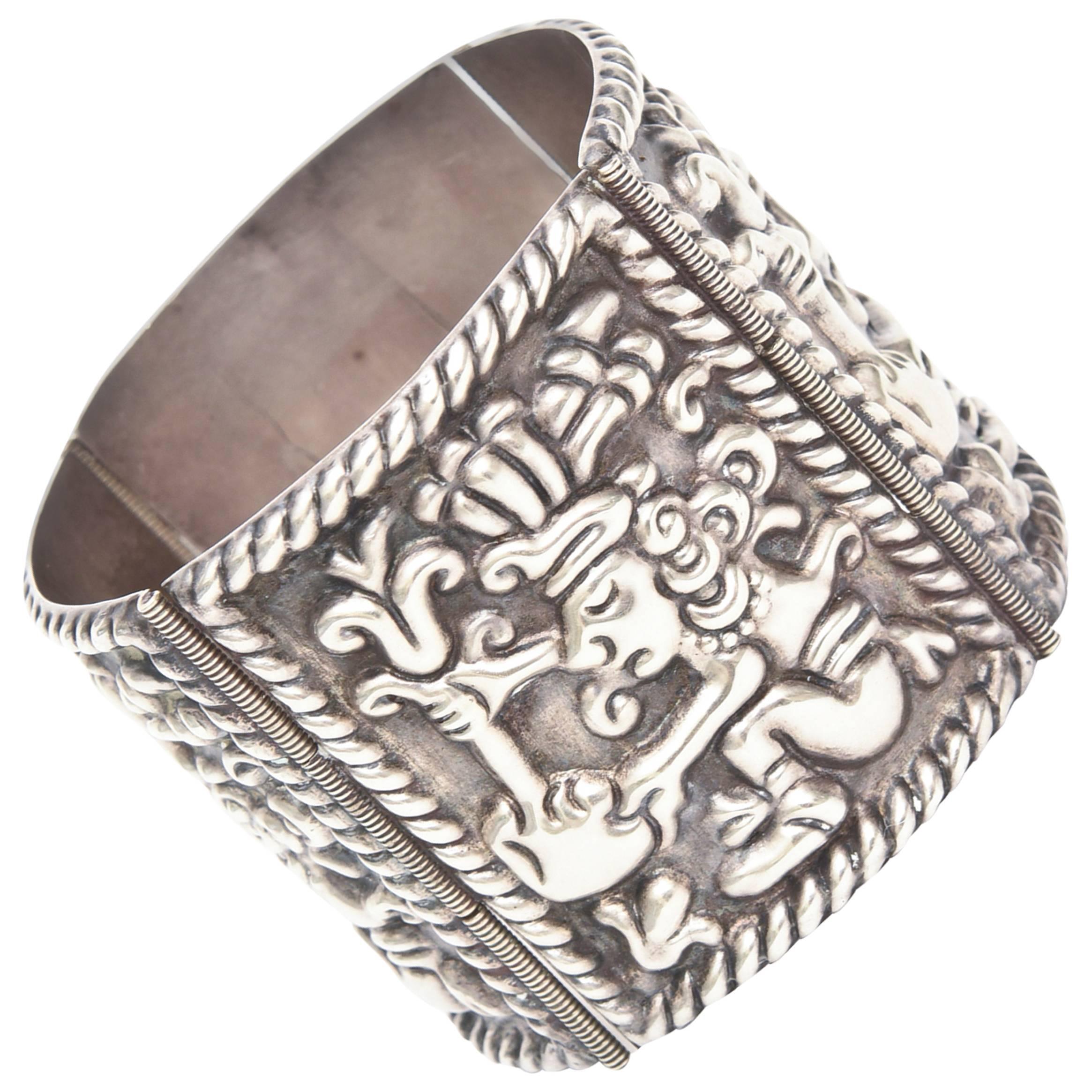 Sterling Silver Vintage MId- Century Aztec Mayan Cuff Bracelet /SAT. SALE