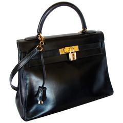 Vintage Hermes Kelly 32 Handbag Black Box Leather with Strap 1960s Bonwit Teller 