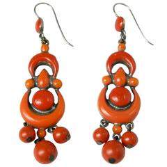 Original Victorian Coral Color Enameled Chandelier Earrings 10