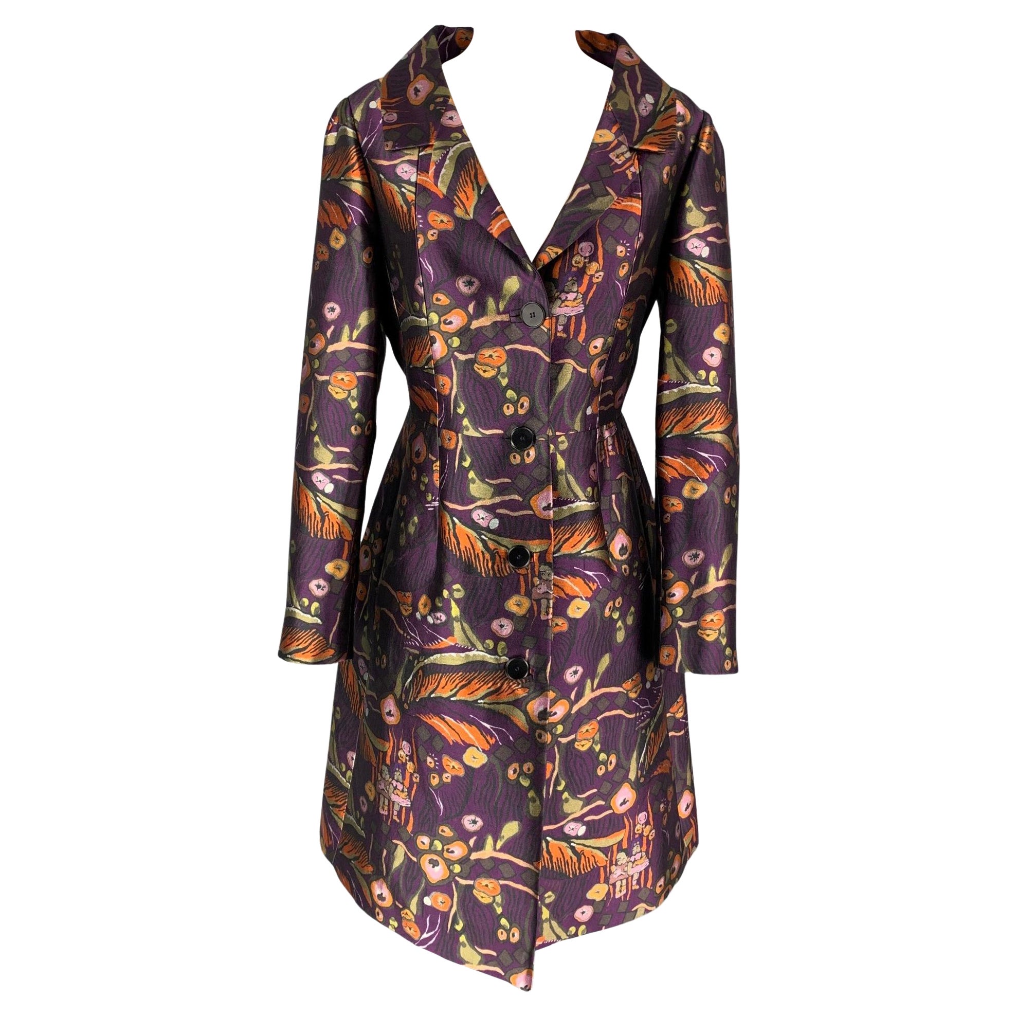 ROCHAS Size 4 Multi-Color Floral Wool / Silk Floral A-line Coat