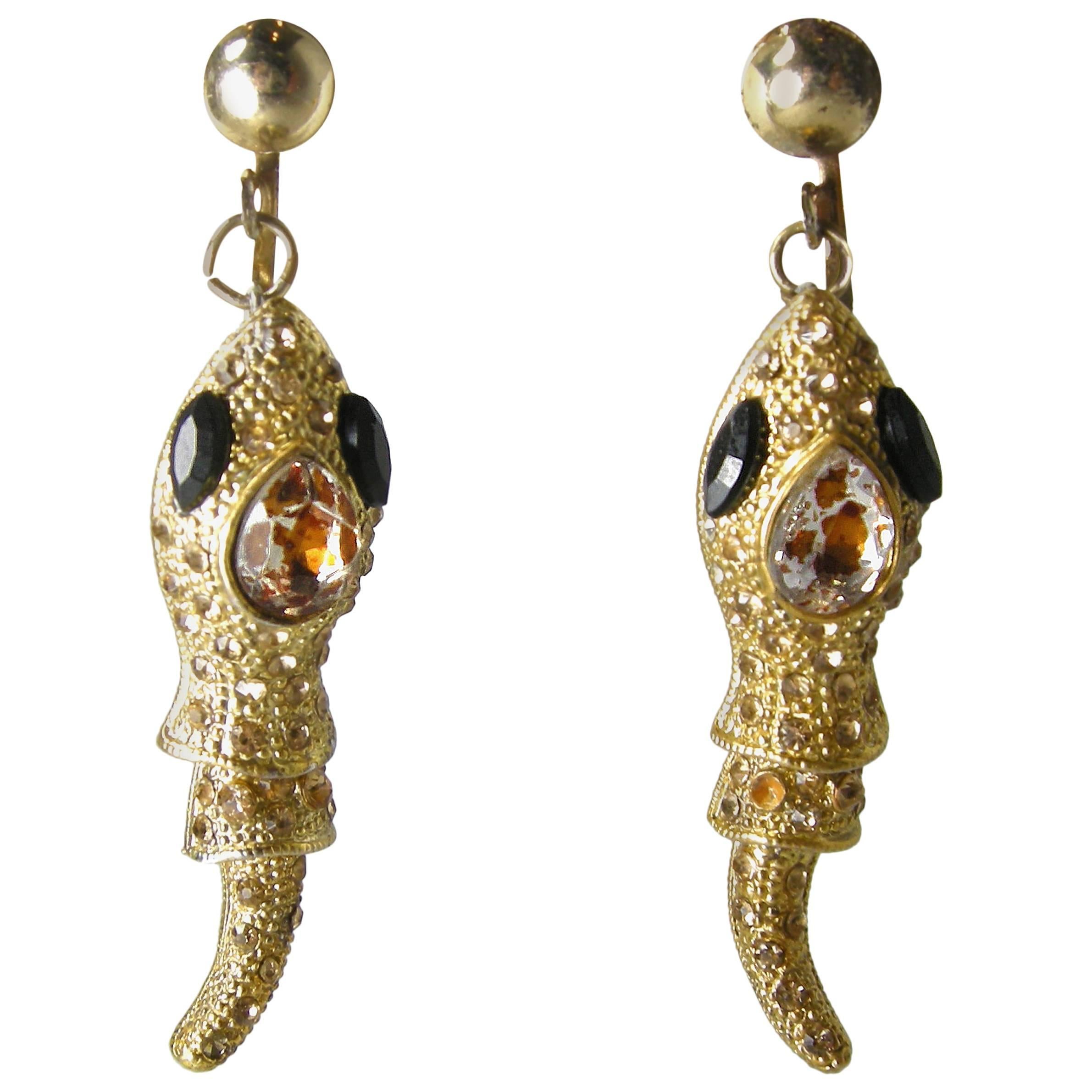Golden Crystal Snake Clip Vintage Earrings For Sale