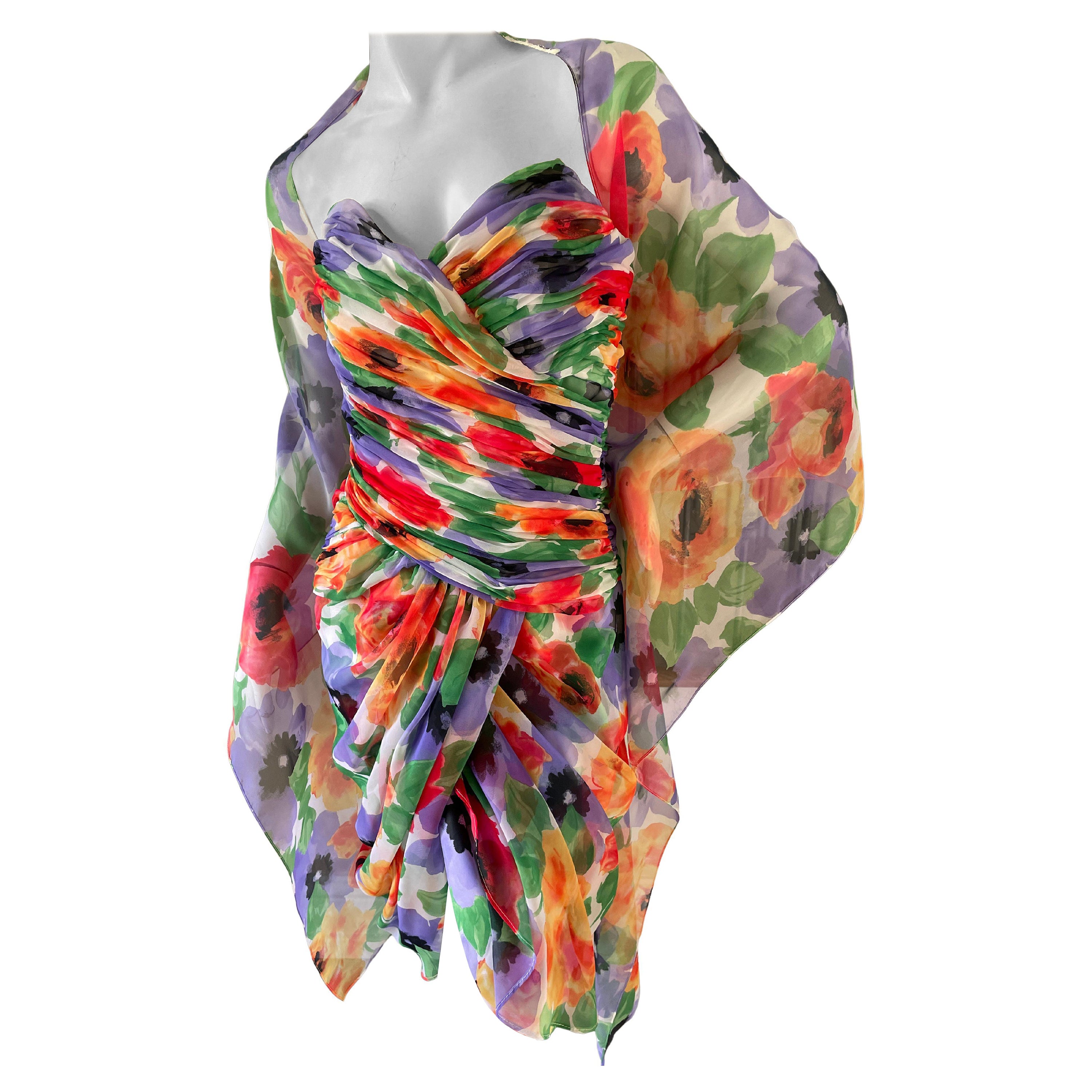 Victor Costa for Bergdorf Goodman 1980's Floral Cocktail Dress with Shawl For Sale