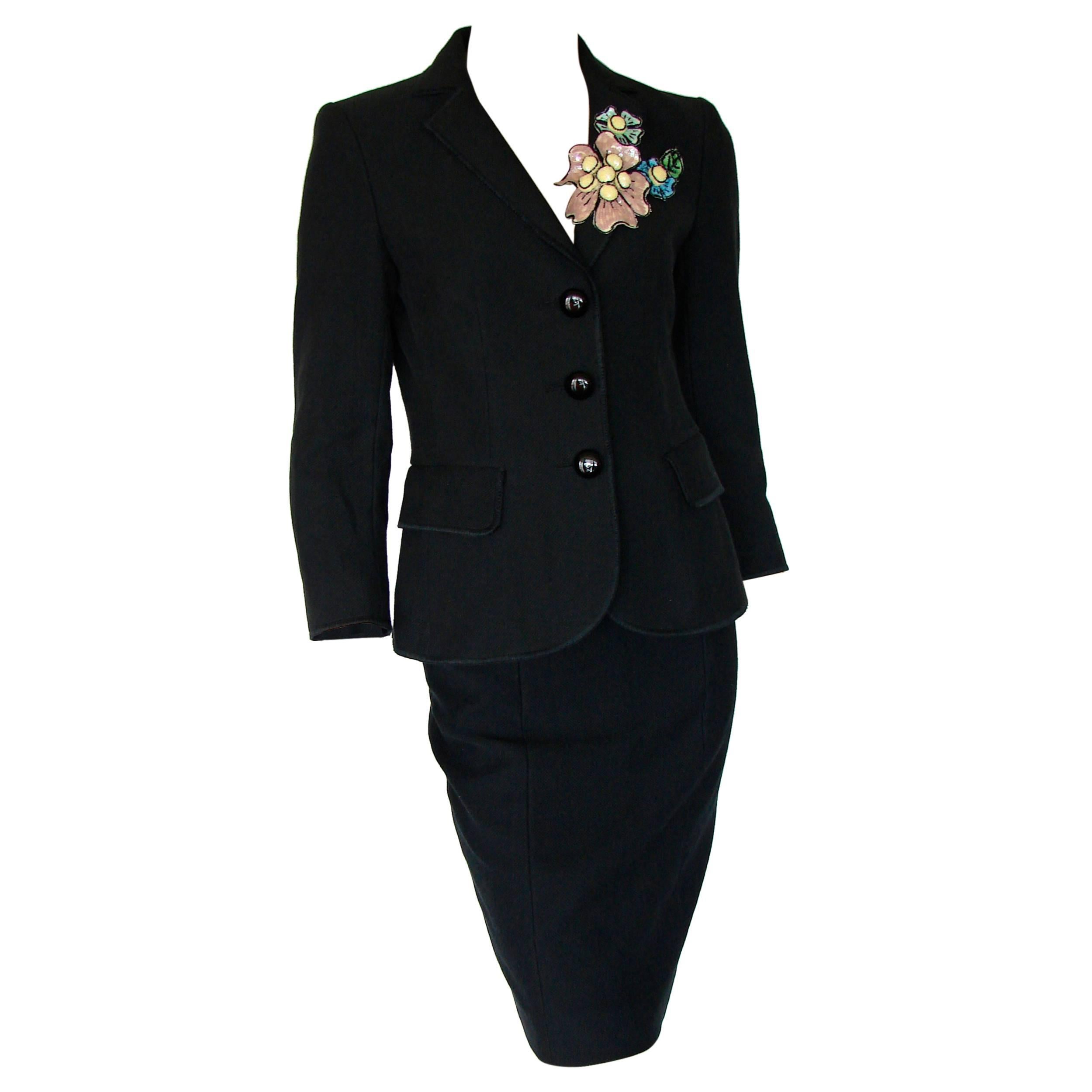 Moschino Cheap & Chic Black Jacket & Skirt Suit Sequin Corsage US Size 4/6