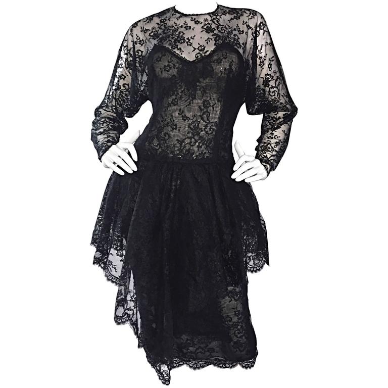 Incredible Vintage Oscar de la Renta Black Silk Chantilly Lace Cocktail