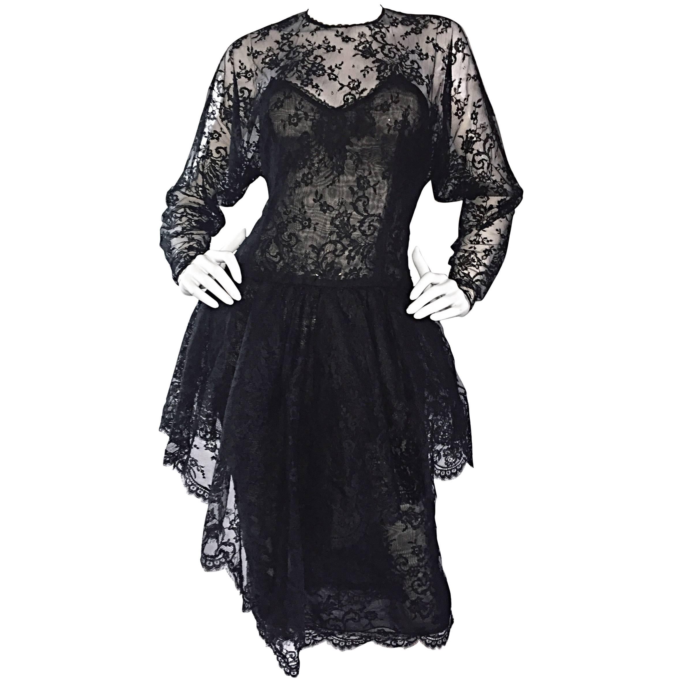 Incredible Vintage Oscar de la Renta Size 10 Black Silk Chantilly Lace 80s Dress For Sale