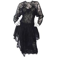 Incredible Vintage Oscar de la Renta Black Silk Chantilly Lace Cocktail Dress 5