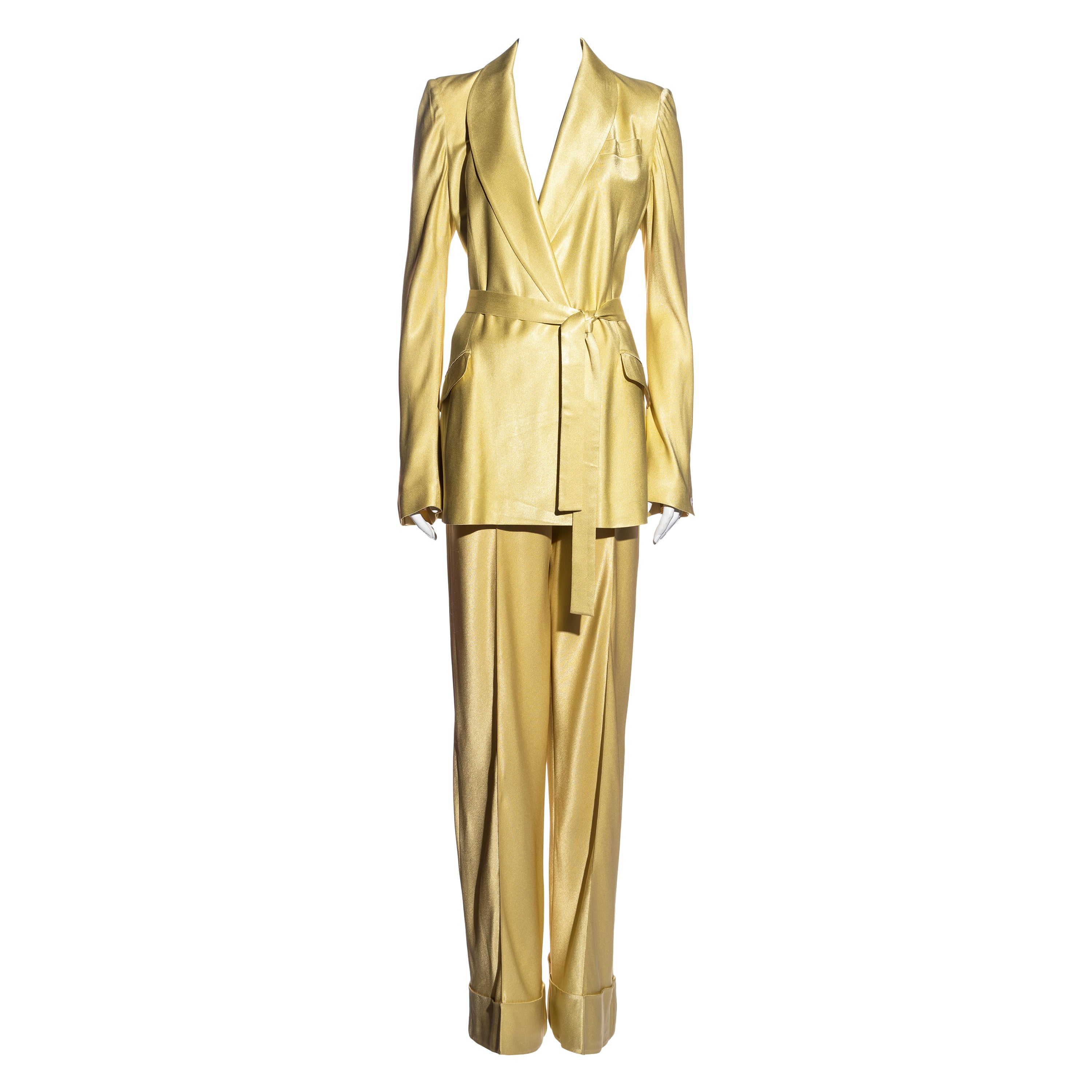 John Galliano yellow satin wide leg pant suit, ss 1995 For Sale at 