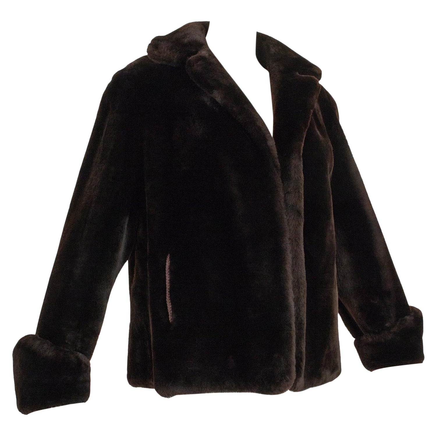 Brown Mouton Fur *Large Size* Teddy Bear Puff Jacket with Point Cuffs - L,  1950s